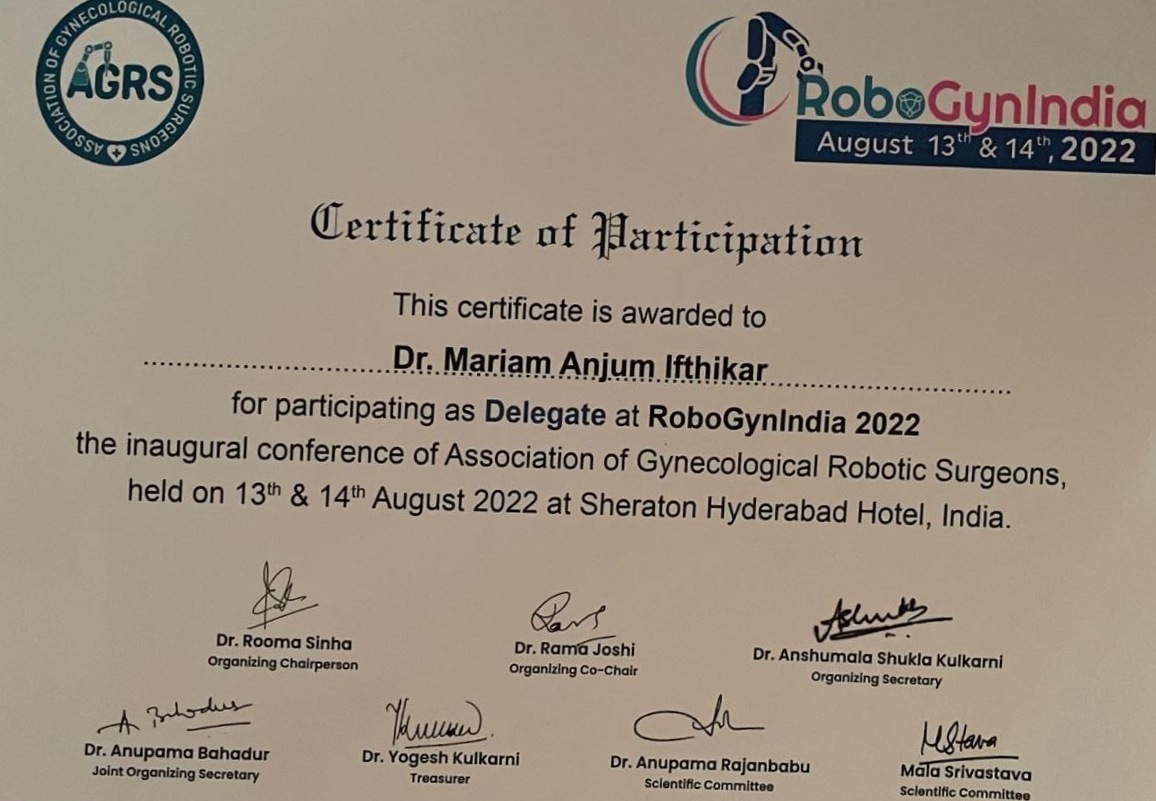 Dr. Mariam Anjum — RoboGyn India 2022 — Delegate Certificate